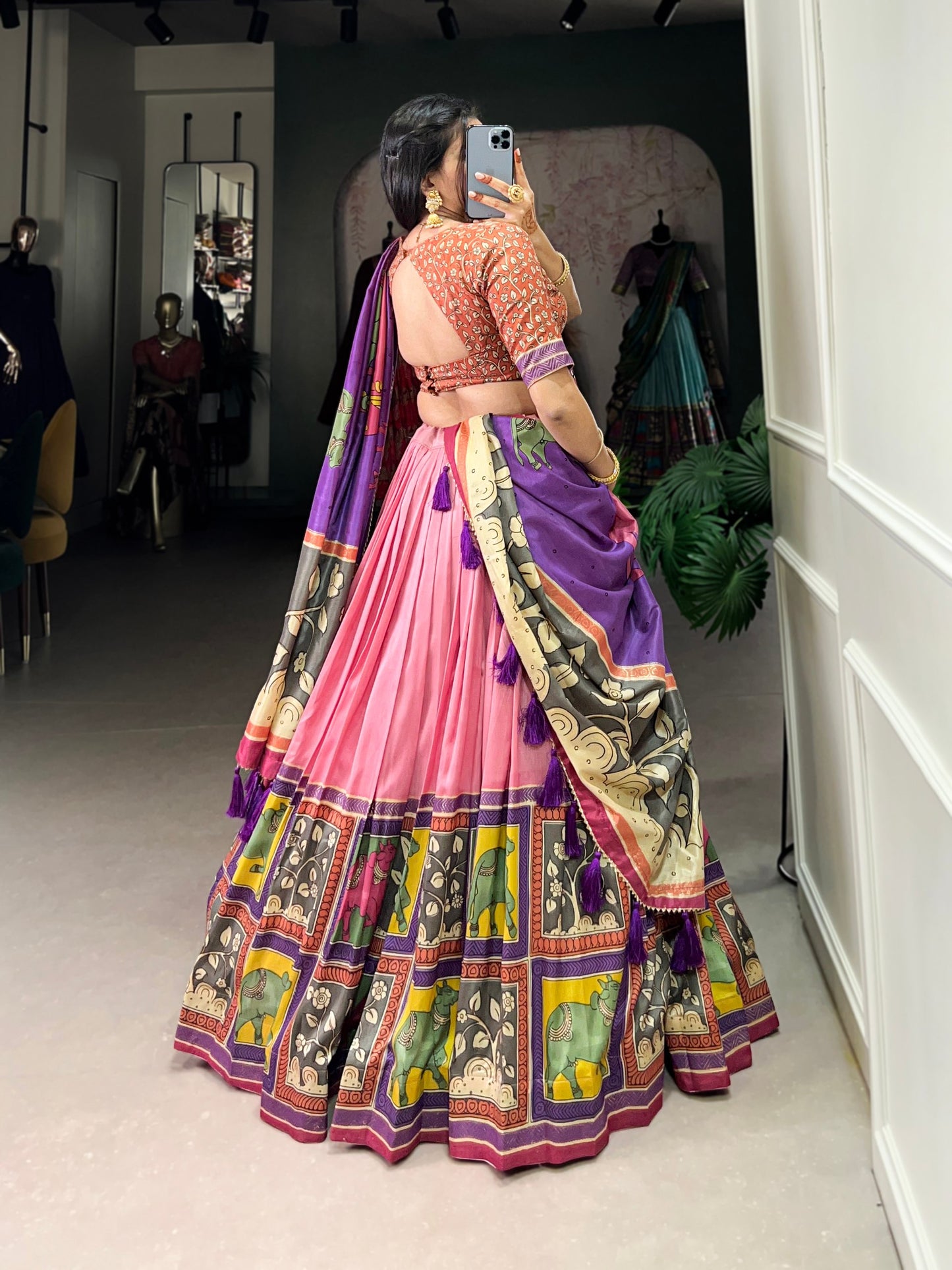 Pink Color Tussar Silk Kalamkari Printed Lehenga Choli