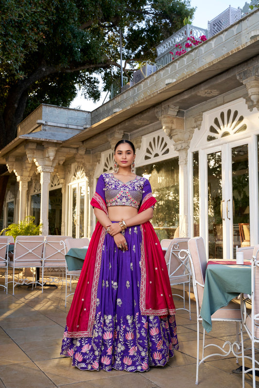 Wedding Lehenga Choli With Sequins and Thread Embroidery in Purple Vichitra Silk