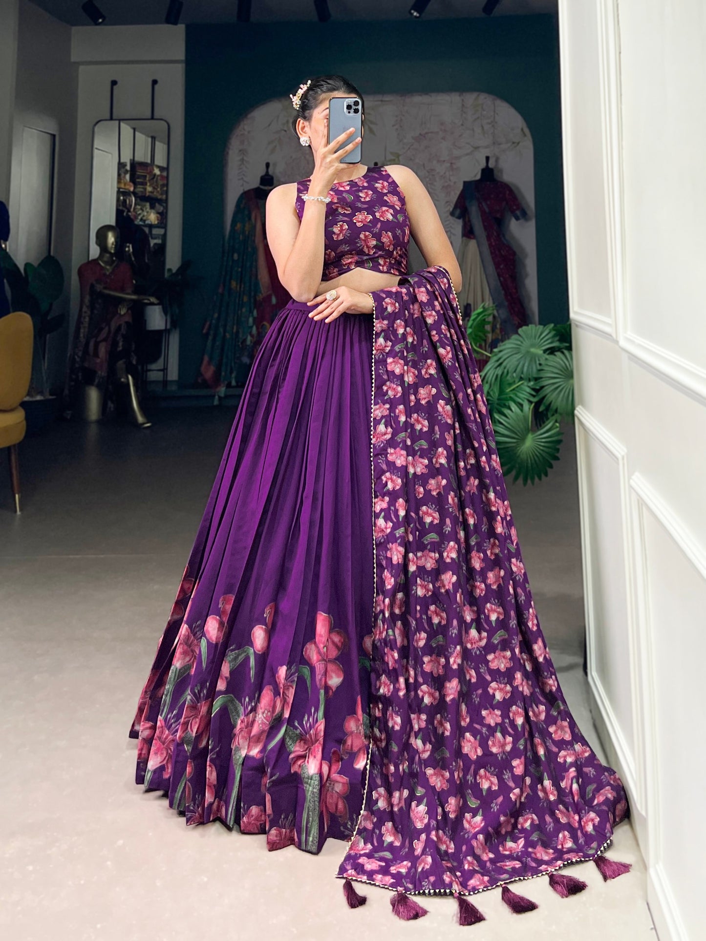 Floral Print Lehenga Choli in Purple Tussar Silk With Foil Work and Dupatta