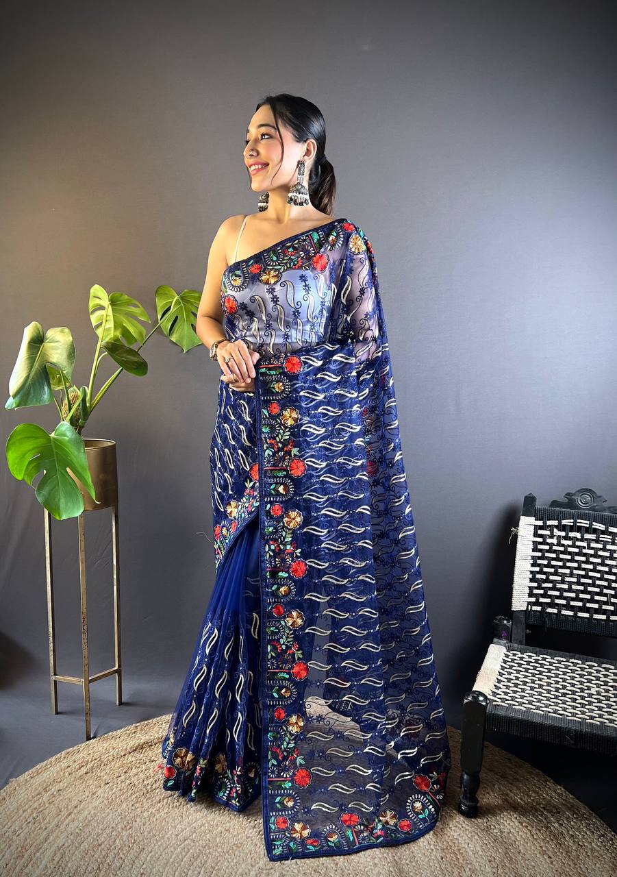 Bollywood Designer Navy Blue Saree with Chain Stitch Work