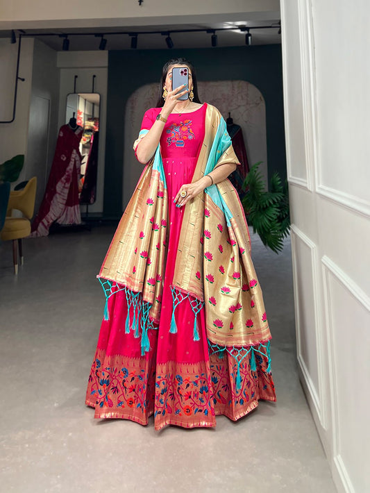 Designer Orange Printed Dola Silk Pink Gown With Dupatta