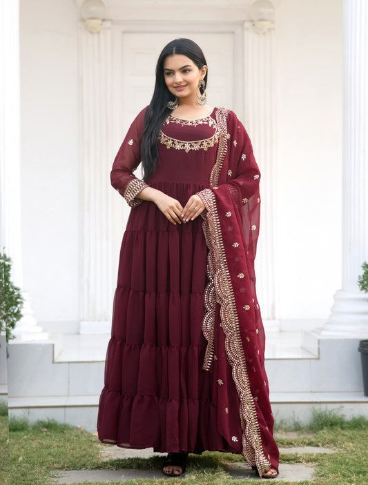 Sequence Embroidery Work Georgette Maroon Gown