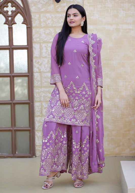 Lavender Sequence Embroidery Work Designer Sharara Suit