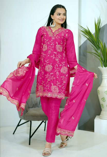 Pink Embroidered Straight Kurta Set