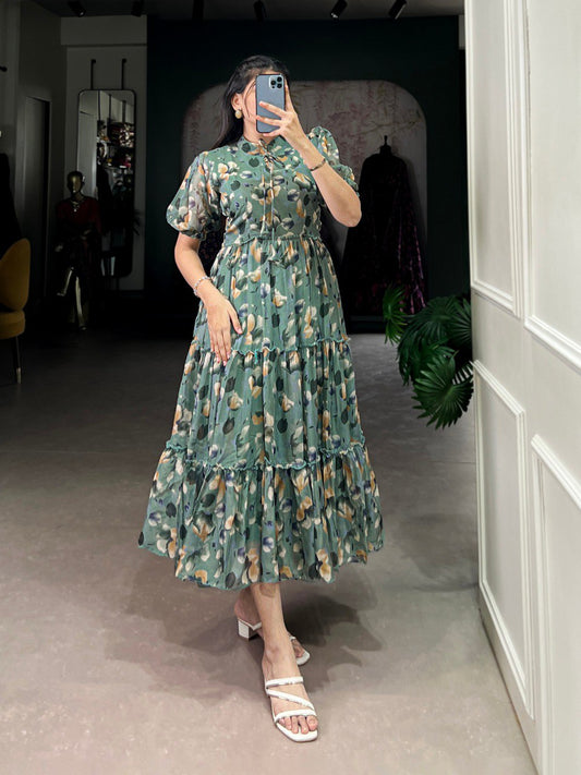 Green Floral print Chiffon Frock Collection Designed for Effortless Grace