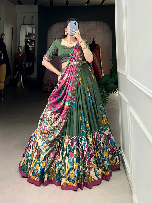 Mehendi Green Tussar Silk Kalamkari Lehenga Set with Zari Weaving Border