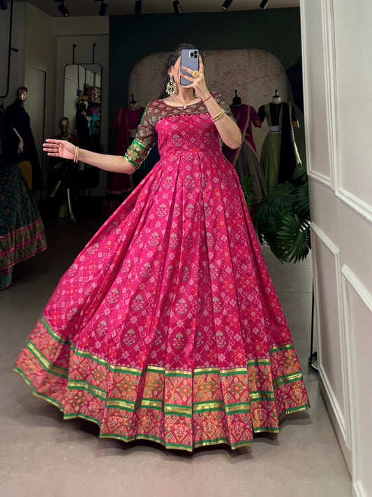 Pink Patola Printed Jacquard Silk Zari Weaving Work Kanjivaram Gown