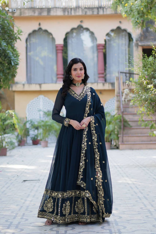 Rama Elegant Faux Blooming Embroidered Gown with Dupatta