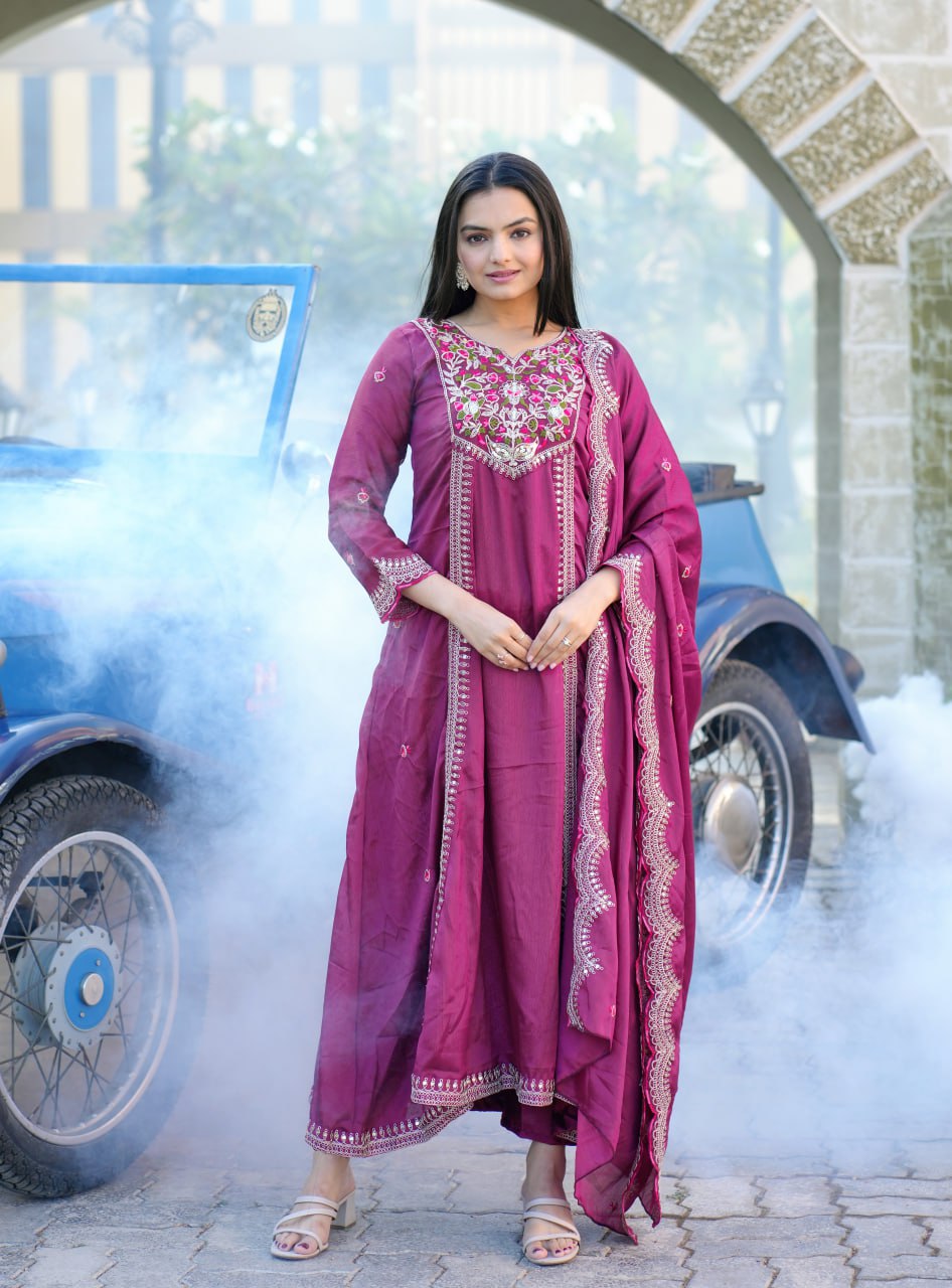 Elegant Purple Chinon Embroidered Gown Set with Coding Sequence Work & Dupatta