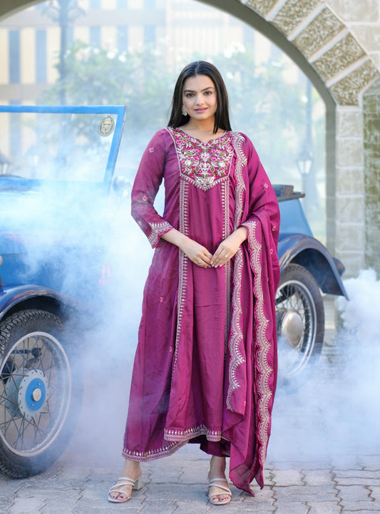 Elegant Purple Chinon Embroidered Gown Set with Coding Sequence Work & Dupatta