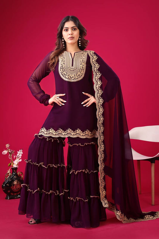 Blooming Faux Georgette Embroidered Co-Ord Set with Plazzo and Dupatta – Ready-to-Wear Indian Outfit for Women