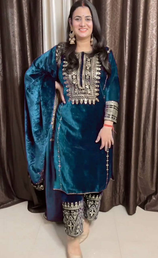 Heavy Viscose Velvet Embroidered Blue Suit Set with Dupatta – Ready-to-Wear Ethnic Outfit for Women