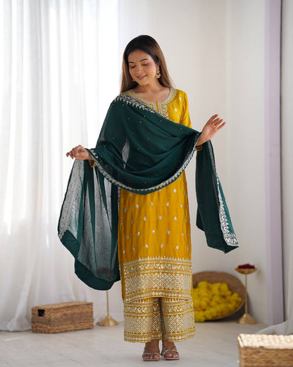 Chinnon Silk Heavy Embroidered Yellow Suit Set with Dupatta – Fully Stitched Ready to Wear