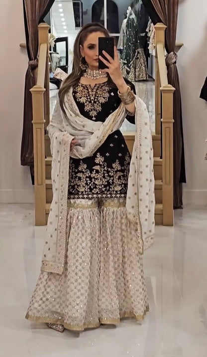 Heavy Faux Georgette Sharara Suit Set with Dupatta – Fully Stitched Embroidered Ethnic Wear for Women