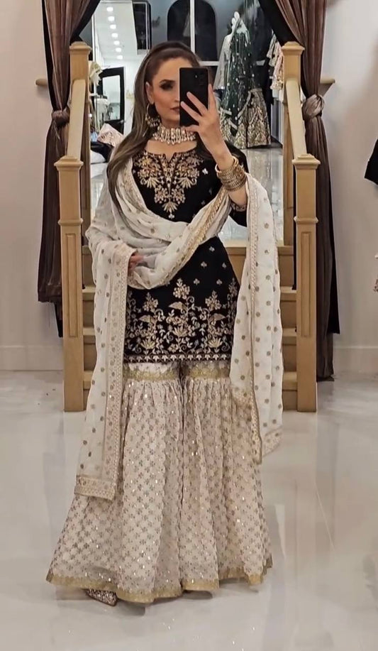 Heavy Faux Georgette Sharara Suit Set with Dupatta – Fully Stitched Embroidered Ethnic Wear for Women
