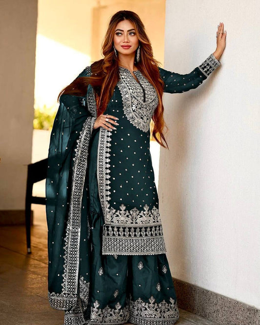 Heavy Faux Georgette Embroidered Bottle Green Gharara Set with Dupatta – Fully Stitched Ethnic Partywear for Women
