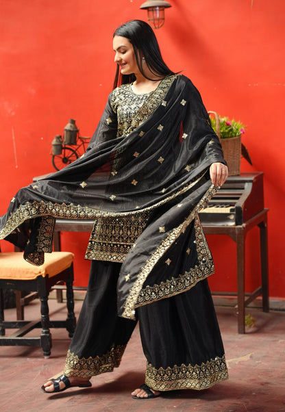 Chinon Embroidered Sharara Suit Set with Dupatta – Sequence Work Ethnic Wear for Women