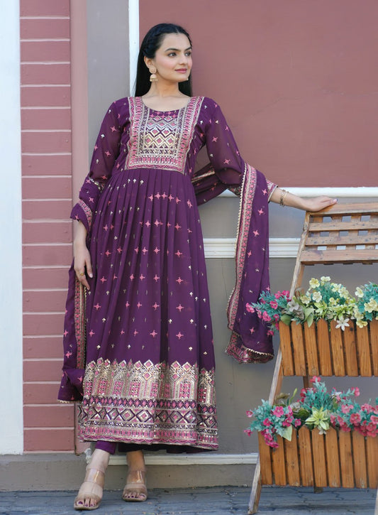 Fox Georgette Embroidered Gown Set with Dupatta – Elegant Fully Stitched Ethnic Wear for Women