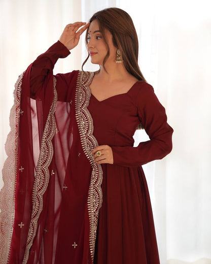 Elegant 16 Kali Romansilk Chanderi Maroon Anarkali Set with Embroidery Dupatta