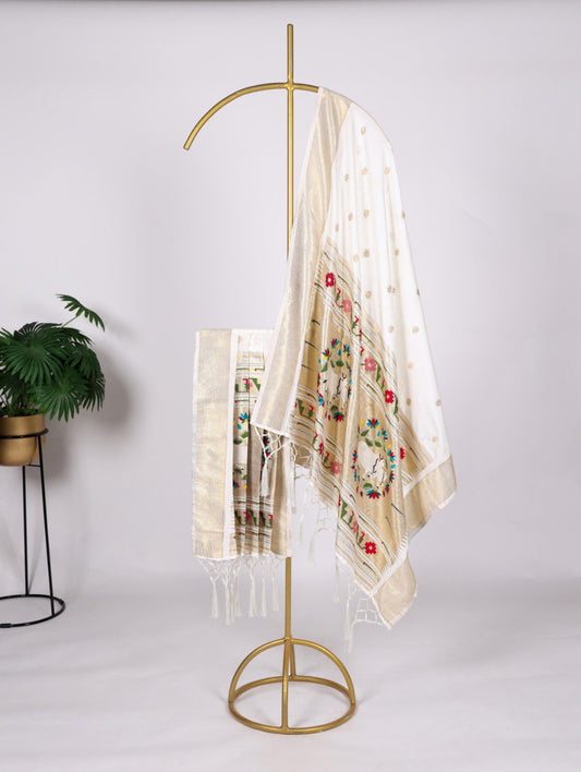 Elegant Jacquard Paithani White Dupatta with Weaving Zari Work and Tassels