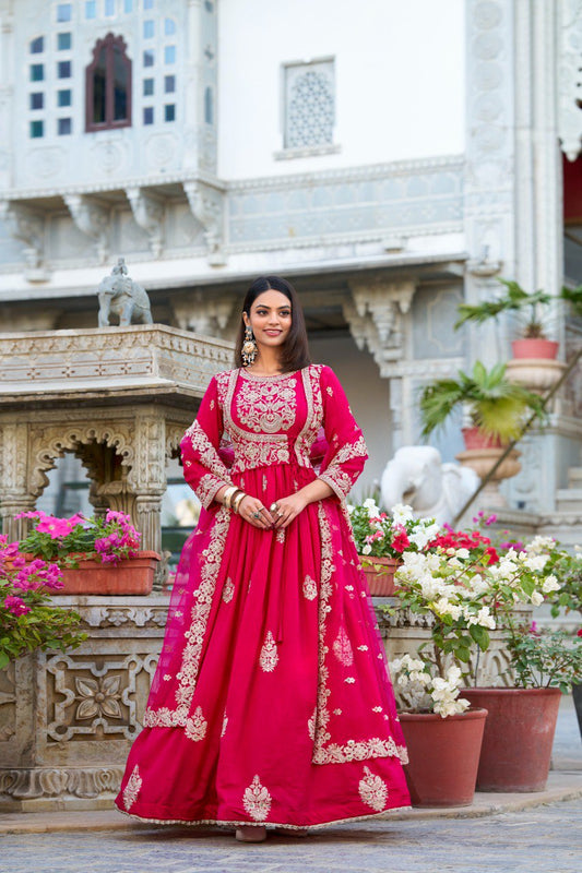 Elegant Vichitra Silk Gown with Net Dupatta - Sequins and Thread Embroidery