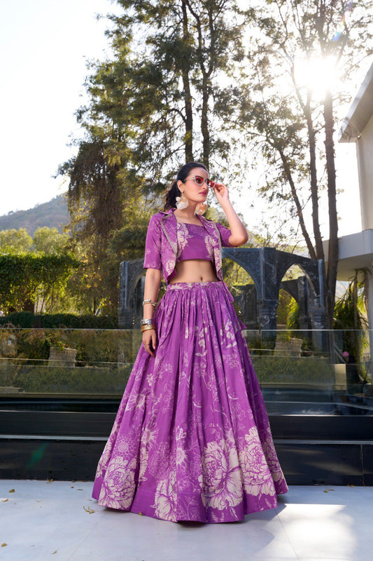 Elegant Tussar Silk Floral Printed Purple Lehenga Set with Blouse and Koti