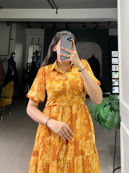 Elegant Floral Print Georgette Mustard Yellow Frock for Women