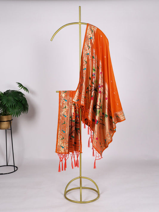 Elegant Jacquard Paithani Zari Weaving Orange Dupatta