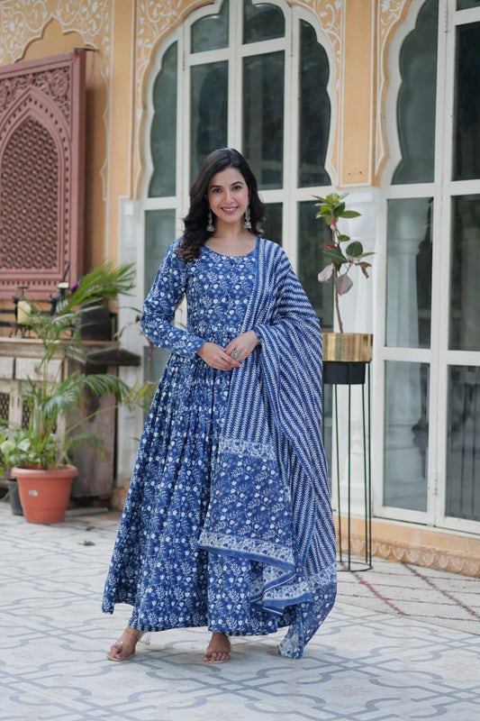 Pure Blue Cotton Long Kurta Set with Elastic Bottom and Dupatta