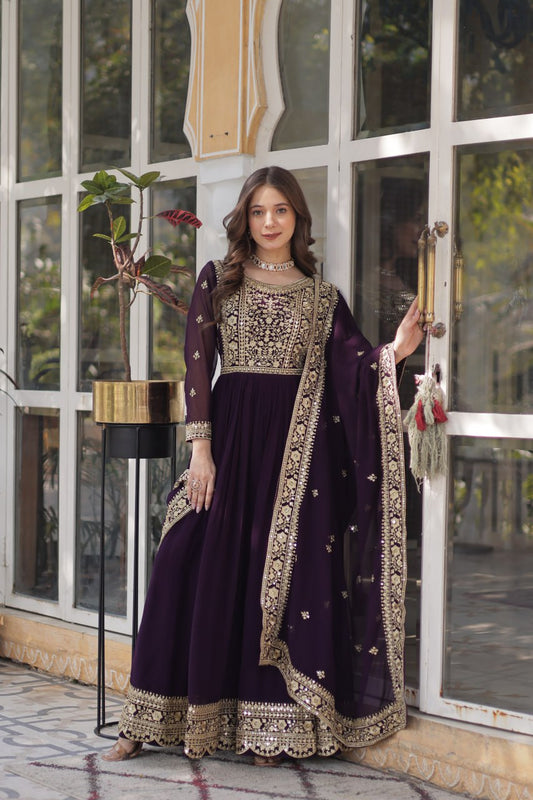 Premium Faux Blooming Purple Gown Set with Zari Sequins Embroidery and Dupatta