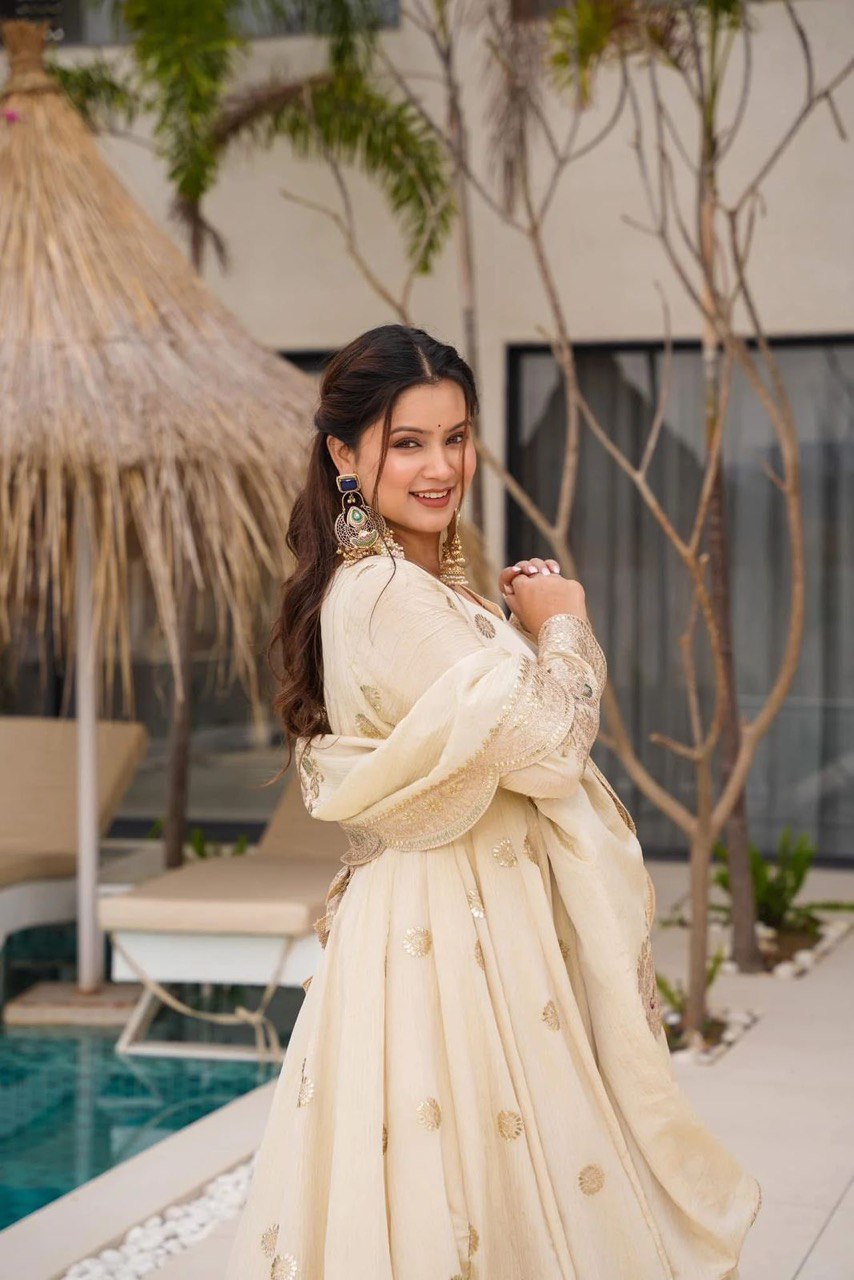 Elegant Chinon Silk Off-White Gown with Coding and Sequins Work and Matching Dupatta – Party & Festive Wear