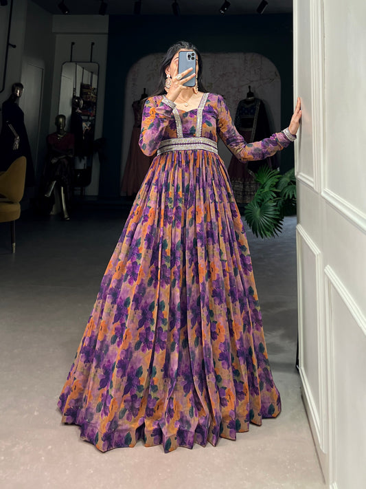 Stylish Georgette Floral Printed Gown with Lace Border and Dupatta | Party Wear and Ethnic Collection