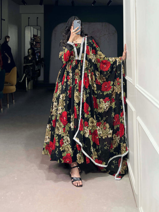 Floral Printed Georgette Red Gown with Peper Mirror Lace Touch-Up and Dupatta