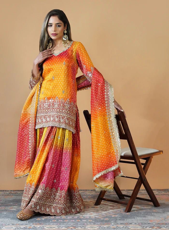 Chinon Silk Digital Print Co-Ord Set with Real Mirror Work & Lace Dupatta