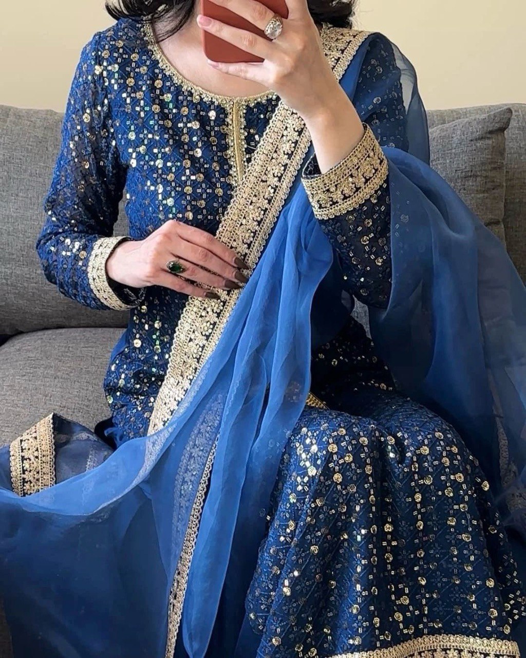 Foux Gorgette Thread Work Suit with Sequin Detailing and Butterfly Net Dupatta