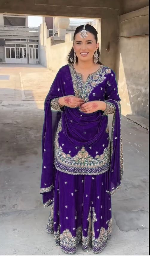 Purple Chinon Silk Thread Work Suit with Sequins and Lace Border Dupatta