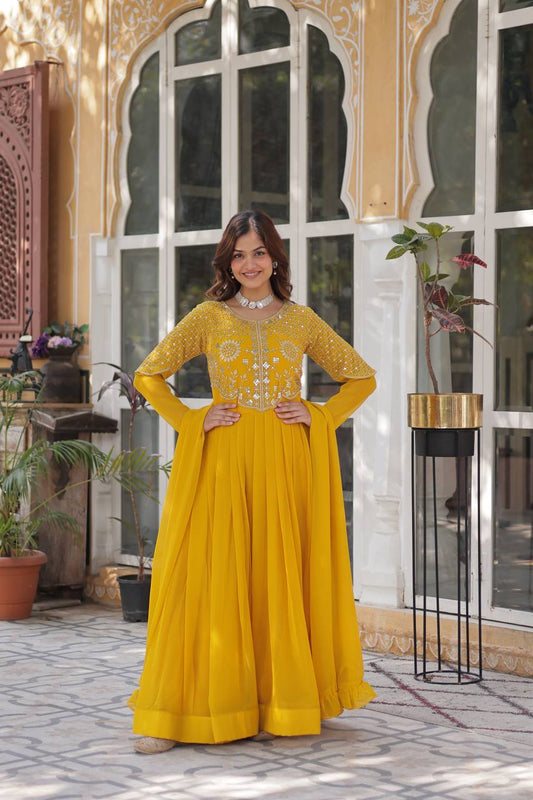 Yellow Embroidered Faux Blooming Georgette Gown with Dupatta