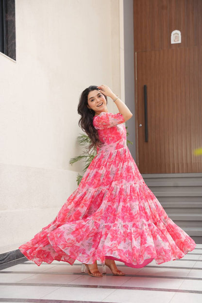 Printed Faux Georgette Pink Gown with Fancy V Neck – 12 Meter Flair Elegance