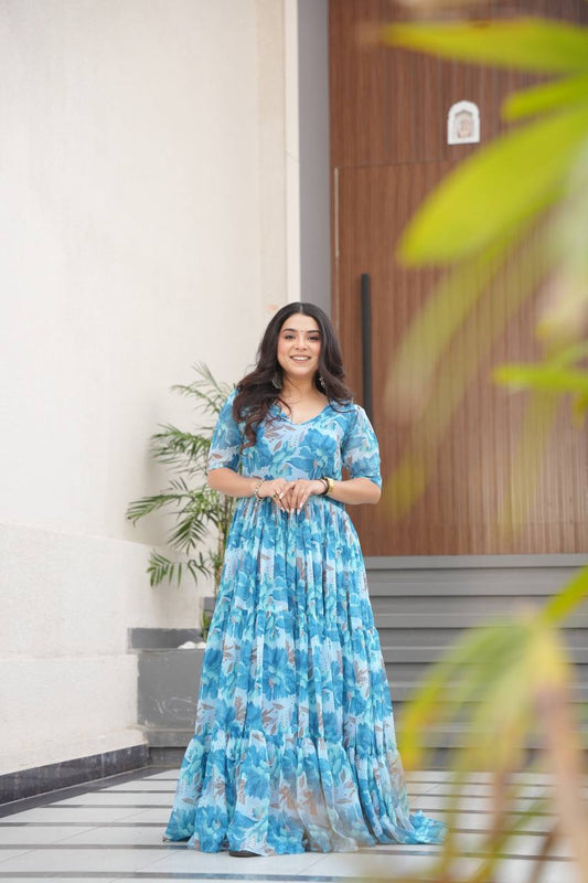 Printed Faux Georgette Blue Gown with Fancy V Neck – 12 Meter Flair Elegance