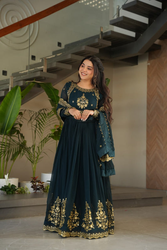 Bottle Green Faux Blooming Georgette Embroidered Gown with Dupatta