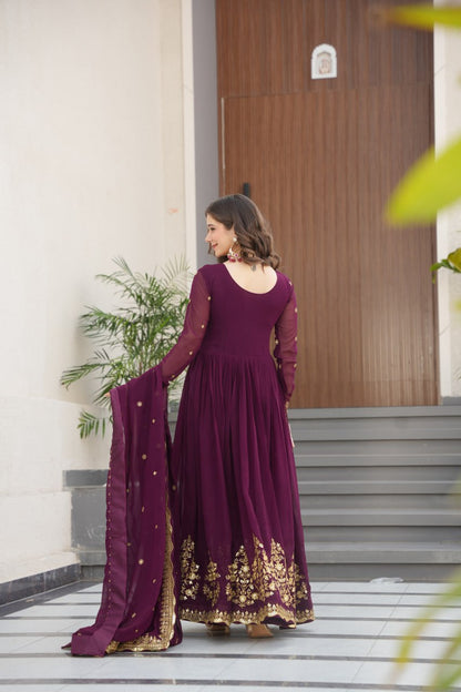 Purple Faux Blooming Georgette Embroidered Gown with Dupatta