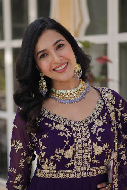 Purple Faux Blooming Multi-Sequins & Zari Embroidered Gown with Dupatta