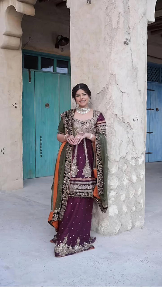 Faux Georgette Embroidered Purple Sharara Set with Dupatta – Full Stitched
