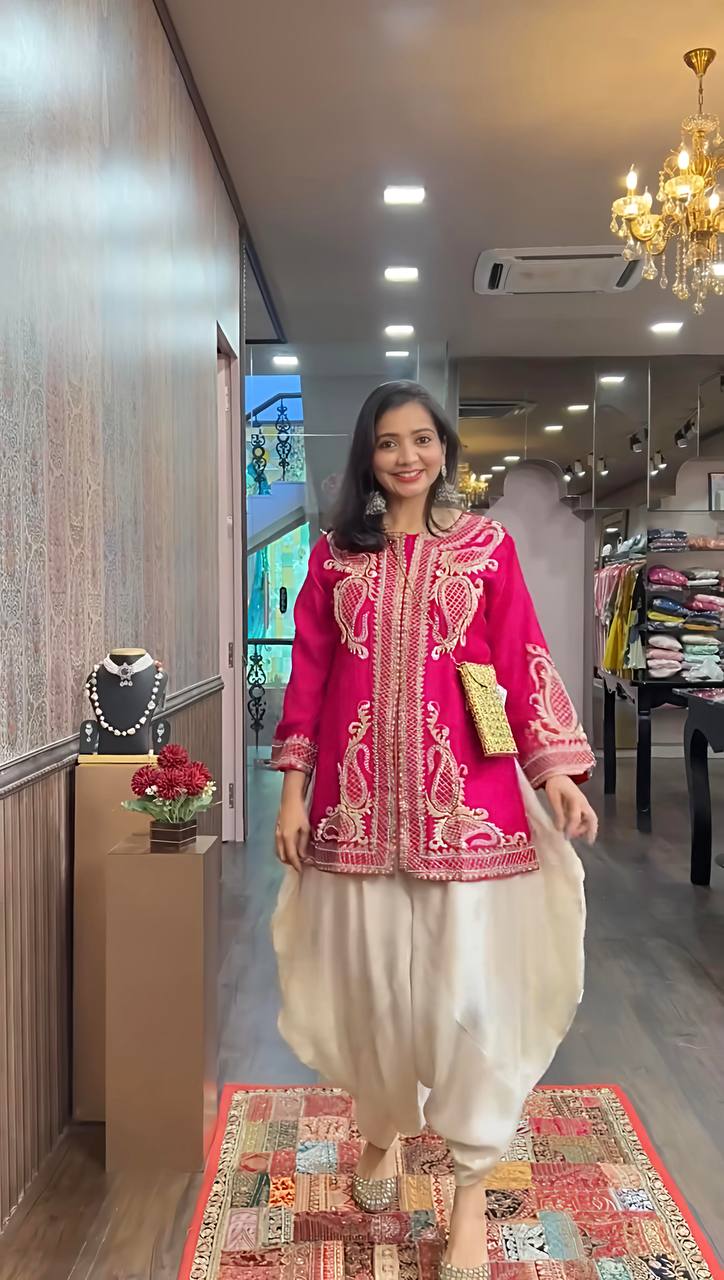 Heavy Pink Chinon Silk Embroidered Dhoti Style Suit with Rivet Moti Dupatta – Fully Stitched