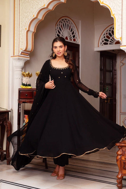 Black Faux Georgette Handwork Suit Set with Rivet Moti Dupatta – Fully Stitched