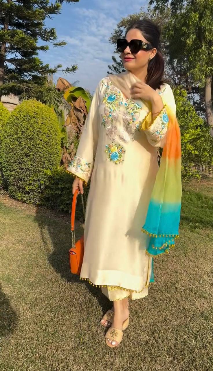 Moss Satin Embroidered Top with Pant and Organza Silk Dupatta