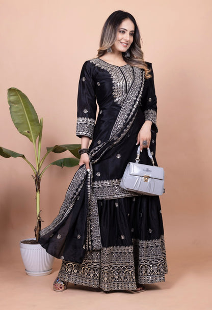 Black Chinon Sharara Suit with Heavy Embroidery Work