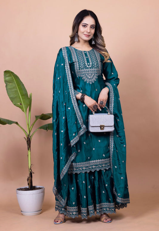 Firozi Blue Chinon Sharara Suit with Heavy Sequence Embroidery