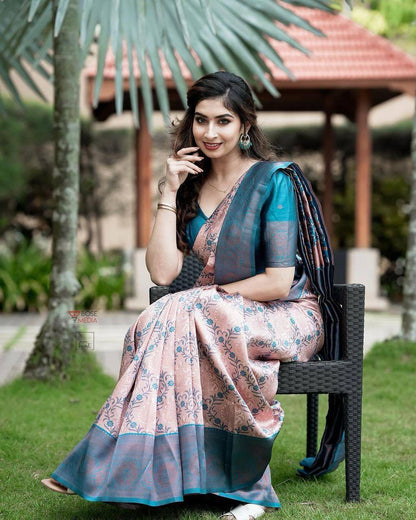 Soft Lichi Silk Peach Saree with Rich Pallu & All-Over Jacquard Work
