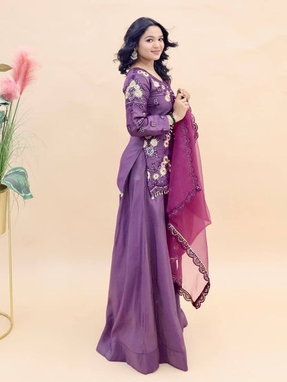 Purple Simar Silk Suit with Sequins Embroidery and Organza Dupatta